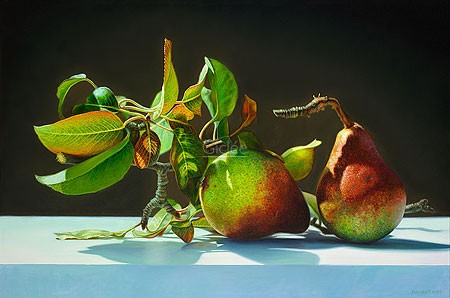 Jan van 't Hoff, Pears (Malerei, Stilleben, Modern,Birnen, Birnenzweig, Früchte, Obst, Licht / Schatten, Wohnzimmer, Esszimmer, Treppenhaus,bunt)