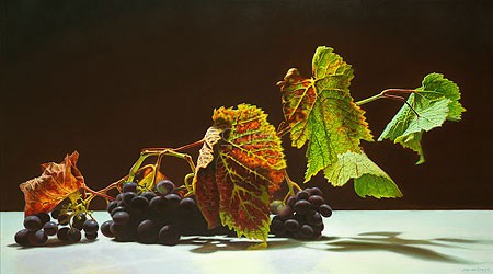 Jan van 't Hoff, Grapes (Malerei, Stilleben, Modern, Trauben, blaue Trauben, Weinblätter, Rebe, Weinblätter, Früchte,Beeren, Licht / Schatten, Wohnzimmer, Esszimmer, Treppenhaus,bunt)