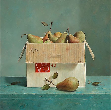 Marius van Dokkum, Box with pears (Malerei, Karikatur,  Birne, karton, Obst, früchte, Glühbirne, Lampen, komisch, Esszimmer, Wohnzimmer, bunt)