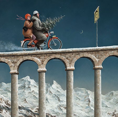 Marius van Dokkum, Diversion (Malerei, Karikatur, Paar, Mopedfahrer, Umleitung, Weihnachten, Christbaum, Weihnachtsbaum Transport, Brücke,   lustig, komisch, Wohnzimmer, bunt)