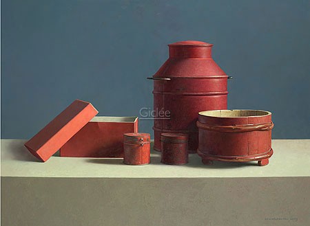 Henk Helmantel, Composition in red, white and blue (Malerei, Stillleben, Tisch, rote Gefäße, Kanne, Schachtel, Dosen, Esszimmer, Küche, Wohnzimmer, bunt)