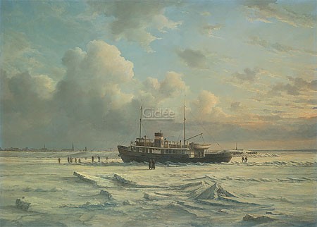 Peter J. Sterkenburg, Ferry MS 'Vlieland' stuck in the ice (Malerei, Meeresbrise, Meer,Fähre, Niederlande, Winter, Eis, festgefroren, zugefroren, Wolken, Nostalgie, Horizont, Wohnzimmer, Büro, bunt)