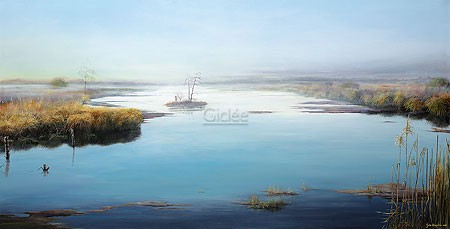 Geke Hoogstins, Peat swamp (Malerei, Natur, Landschaft, Moor, Torfmoor, Wasser, Dunst, Nebel, Horizont, Schlafzimmer, Wohnzimmer, Arztpraxis, bunt)