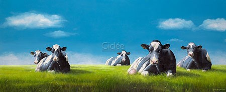 Geke Hoogstins, On the dike (Malerei, Natur, Landschaft, Deich, Kühe, schwarz-weiße Kühe,Sonnenschein, Wiederkäuer, Schlafzimmer, Wohnzimmer, bunt)