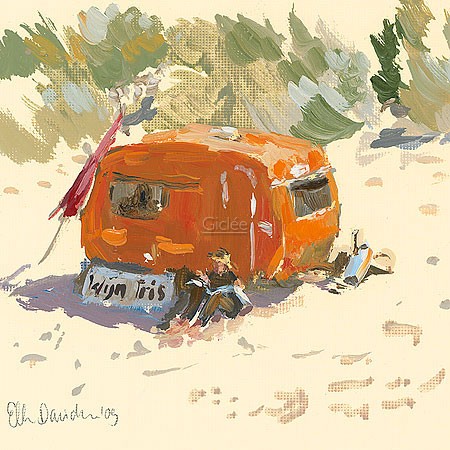 Ellen Davidzon, Touring caravan (detail) (Malerei, Landschaften, Abstraktion, Natur, Caravan, Campingwagen, Strand, Urlaub, Abenteuer, Wohnzimmer, bunt)