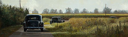 Martin Sijbesma, Autumn (Malerei, Landschaft, Herbst, Straße, Spazierfahrt, Auto, Oldtimer, Fotorealismus, Nostalgie, Treppenhaus, Wohnzimmer, bunt)