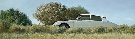 Martin Sijbesma, De Oude Biltzijldijk (Malerei, Landschaft, Auto, Citroen, Citroen DS 20, Oldtimer, Fotorealismus, Nostalgie, Treppenhaus, Wohnzimmer, bunt)