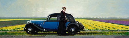 Martin Sijbesma, Spring (Malerei, Landschaft,  Auto, Oldtimer, alte Dame, Nostalgie, Blumenfelder, Frühling, Fotorealismus, Treppenhaus, Wohnzimmer, bunt)