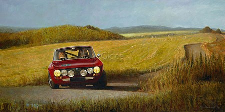 Martin Sijbesma, Summer (Malerei, Landschaft,  Auto, Nostalgie, Sommer, Kornfelder, Oldtimer, Fotorealismus, Treppenhaus, Wohnzimmer, bunt)
