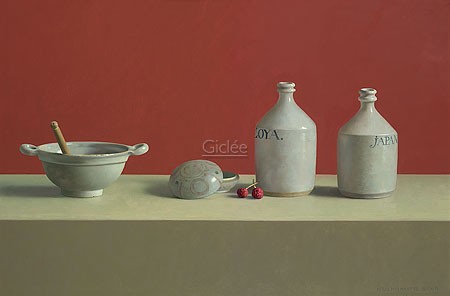 Henk Helmantel, Still life with Japanese soy bottles (Malerei, Stillleben, Tisch, Gefäße,  Schale, Schüssel, Sojasaucenflasche,  Esszimmer, Küche, Wohnzimmer, rot / beige)