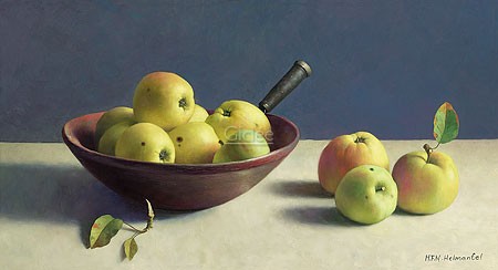 Henk Helmantel, Still life with apples (Malerei, Stillleben, Tisch, Äpfel, Obst, Kernobst, Schale,  Früchte,  Esszimmer, Küche, Wohnzimmer, bunt)