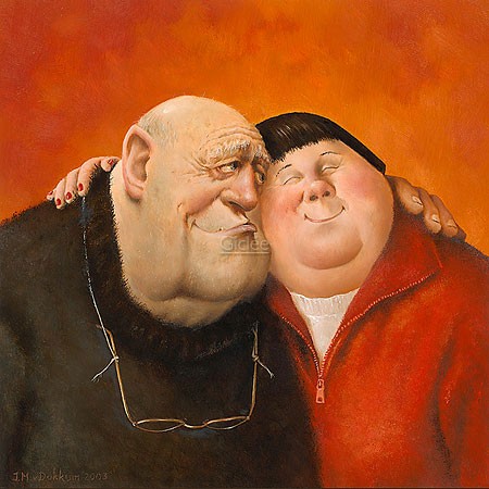 Marius van Dokkum, Hug (Malerei, Karikatur, altes Ehepaar, Umarmung, Liebe, Nähe, Zuneigung, komisch, Treppenhaus, Wohnzimmer, Schlafzimmer, bunt)