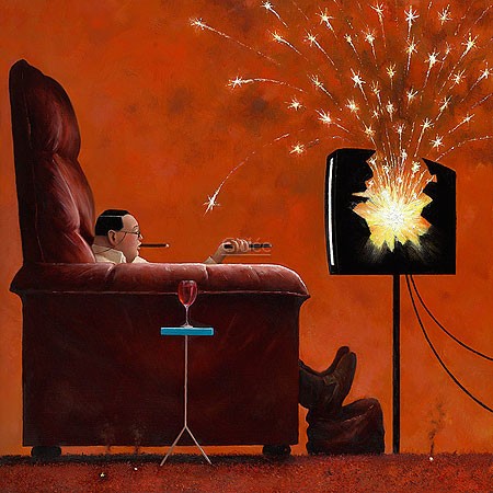 Marius van Dokkum, Made in China (Malerei, Karikatur, Sessel, roter Sessel, Feierabend, Fernsehen, Qualität, Explosion, Feuerwerk, Glotzer, Fernbedienung, zappen, lustig, komisch, Wohnzimmer, bunt)