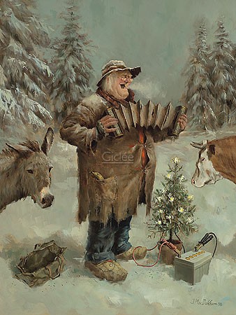 Marius van Dokkum, Silent Night... (Malerei, Karikatur, Menschen,  alter Mann, Armut, Weihnachten, Ochs und Esel, Tannenbaum, Weihnachtslied, Stille Nacht, Arkordeon, Wald, Winter, lustig, komisch, Treppenhaus, Wohnzimmer, bunt)