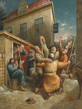 Marius van Dokkum, The Shepherd's Dance (Malerei, Karikatur, Dorf, Dorfplatz, Tanz, Schäfer, tanzende Schäfer, Freude, Spaß, Musik, Esel, lustig, komisch, Wohnzimmer, bunt)