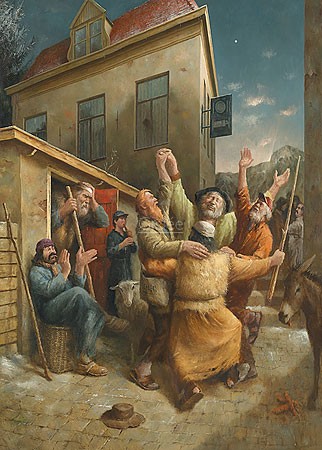 Marius van Dokkum, The Shepherd's Dance (Malerei, Karikatur, Dorf, Dorfplatz, Tanz, Schäfer, tanzende Schäfer, Freude, Spaß, Musik, Esel, lustig, komisch, Wohnzimmer, bunt)