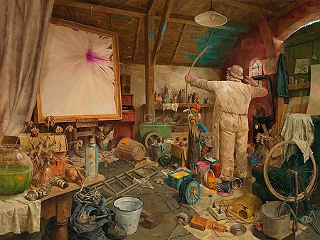 Marius van Dokkum, Better luck next time (Malerei, Karikatur, Menschen, Künstler,  Atelier, Farbbeutel, Kunst, Pech, Pfeil und Bogen, Zimmer, Chaos, Durcheinander,  komisch, lustig, Treppenhaus, Wohnzimmer, bunt)