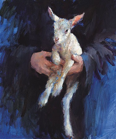 Dinie Boogaart, The Lamb (Malerei, Menschen, Hände, Lamm, niedlich, Tierkind, impressionistisch, Wohnzimmer, Schlafzimmer, bunt)