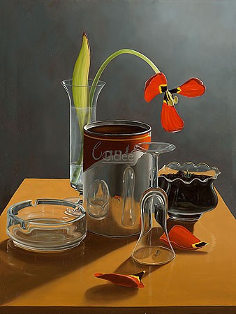 Rob Møhlmann, Canto 80, The procession of the elements, 3 (Malerei, Modern, Stillleben, Tisch, Dose, Aschenbecher, Glas, Schnapsglas, Aschenbecher, Vase, Tulpe, verwelkte Tulpe, Küche, Esszimmer, bunt)