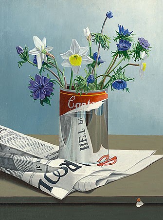 Rob Møhlmann, Canto 13, One day (Malerei, Modern, Stillleben, Tisch, Dose, Blumenstrauß, Feldblumen, Narzissen, Zeitung, Küche, Esszimmer, Wohnzimmer, naturalistisch, bunt)