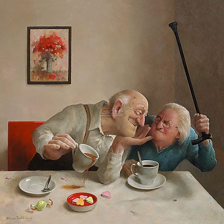 Marius van Dokkum, Unrequited Love (Malerei, Karikatur, Senioren, Opa, Oma,  Kaffeetrinken, verschmähte Liebe, Abwehr,Drohung, Gehstock, gute Stube, kurzsichtig, Nostalgie, komisch, Treppenhaus, Wohnzimmer, bunt)