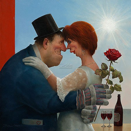 Marius van Dokkum, The farmer is getting married (Malerei, Karikatur, Hochzeit, Hochzeitspaar, Landwirt, Rote Rose, Arbeitshandschuhe, Ehepaar, Umarmung, Liebe, Zuneigung, komisch, Treppenhaus, Wohnzimmer, Schlafzimmer, bunt)