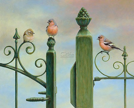 Erik van Ommen, Finches perched on a fence (Malerei, Natur, Tierwelt, Finken, Vögel, Zaun, Gitter, Schmiedeeisen, naturgetreu, realistisch, Wohnzimmer, Schlafzimmer, Treppenhaus, bunt)
