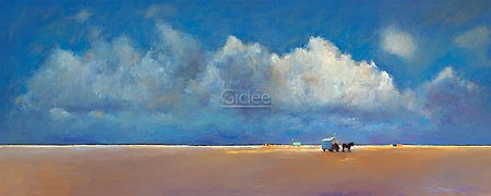 Dinie Boogaart, Beach near beachmark 7 (Malerei, Landschaft, Niederlande, Meeresbrise, Meer, Strand, Sandstrand, Fuhrwerk, Horizont, Wolken, Sommer, Sommerlicht, impressionistisch, Wohnzimmer, bunt)