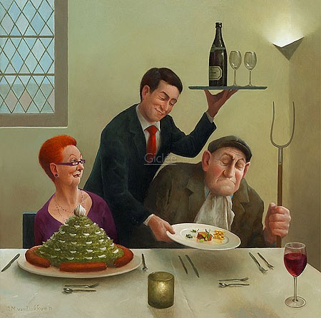 Marius van Dokkum, You can't teach an old dog... (Malerei, Karikatur,altes Paar, Restaurant, Bauer, Mistgabel, Benehmen, komisch, Treppenhaus, Wohnzimmer, Esszimmer, bunt)