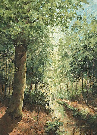 Marius van Dokkum, Landscape with Trees (Malerei, Landschaftsmalerei, Wald, Bäume, Sommertag, Lichtstrahlen, Licht / Schatten, Wohnzimmer, Arztpraxis, bunt)