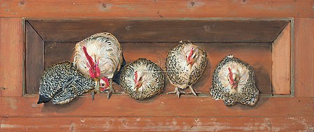 Johan Mulder, Henhouse (Malerei, Geflügel, Hühner, Perlhühner, Hühnerstall, Esszimmer, Treppenhaus, bunt)