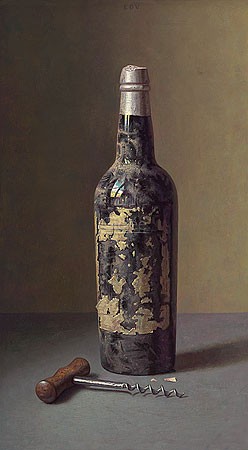 Eric De Vree, Wine from the Cellar II (Malerei, Stillleben, Flasche, Weinflasche, alter Wein, edler Tropfen, Getränk, Alkohol, Korkenzieher, Genuss, Trinken, Küche, Esszimmer, Gastronomie, Bistro, bunt)