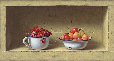 Eric De Vree, Fresh Summer fruit (Malerei, Stillleben, Emailleschüsseln, Früchte, Beeren, Johannisbeeren, Kirschen, Holzregal, Nostalgie, Küche, Esszimmer, Gastronomie,  bunt)