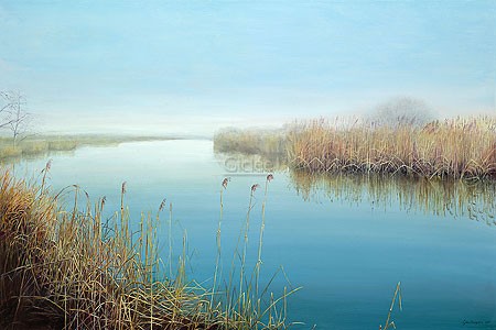 Geke Hoogstins, Mystic Moments (Malerei, Natur, Landschaft, Moor, Wasser, Fluss, Dunst, Nebel, Horizont, Schlafzimmer, Wohnzimmer, Arztpraxis, bunt)