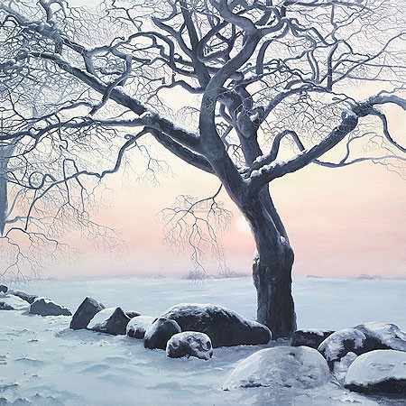 Geke Hoogstins, Twins (Malerei, Natur, Landschaft, Winter, Winterlandschaft, Baum, knorrig, Schnee, Einsamkeit, Stille, Dämmerung, Schlafzimmer, Wohnzimmer, Arztpraxis, bunt)