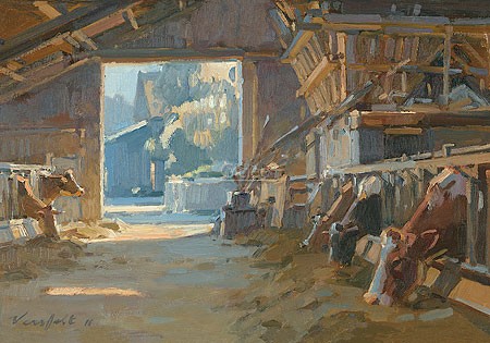 Hans Versfelt, Cows in sunlit barn (Malerei, Gebäude, Stall, Kuhstall, Kühe, Scheunentor, Licht, Schatten, Sonnenlicht, Wohnzimmer, bunt)