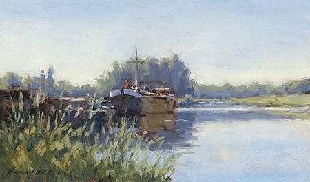 Hans Versfelt, Freighter  (Malerei, Landschaft, Niederlande, Kanal, Sommer, Idylle, Sonnenlicht, Licht / Schatten, Boot, Arztpraxis, Wohnzimmer, bunt)