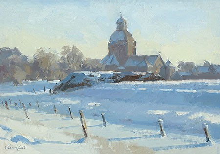 Hans Versfelt, Snow landscape with church (Malerei, Landschaft, Niederlande, Winterlandschaft, Schnee, Dorf, Kirche,  Licht / Schatten, Wohnzimmer, Schlafzimmer, bunt)