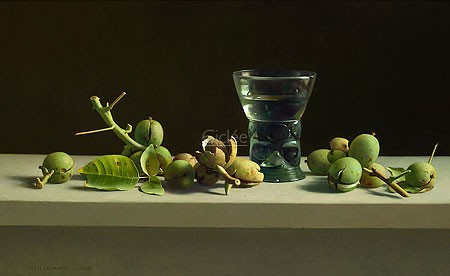 Henk Helmantel, Walnuts and Roman glass (Malerei, Stillleben, Tisch, Nüsse, Früchte, Walnüsse, Nussschalen, römisches Glas, Esszimmer, Küche, Wohnzimmer, bunt)