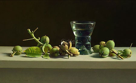 Henk Helmantel, Walnuts and Roman glass (Malerei, Stillleben, Tisch, Nüsse, Früchte, Walnüsse, Nussschalen, römisches Glas, Esszimmer, Küche, Wohnzimmer, bunt)