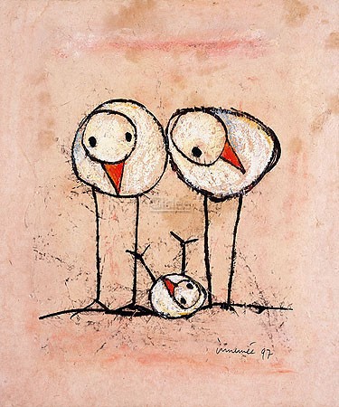 Hans P. Innemée, 1+1=3 (Malerei, Karikatur, Vögel, Vogelpaar, Nachwuchs, witzig, lustig, komisch, Treppenhaus, Wohnzimmer, Jugendzimmer, bunt)