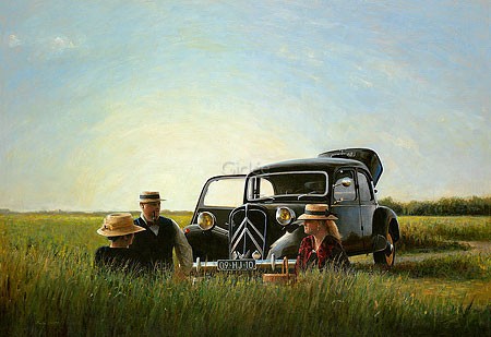 Martin Sijbesma, A summer's day in the country (Malerei, Landschaft, Auto, Citroën Traction Avant II BL, Picnic, Sommer, Nostalgie, Oldtimer, Fotorealismus, Treppenhaus, bunt)