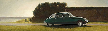 Martin Sijbesma, Déesse in De Wieringermeer (Malerei, Landschaft, Auto, Citroen,  Citroen DS, Déesse, Oldtimer, Fotorealismus, Nostalgie, Treppenhaus, Wohnzimmer, bunt)