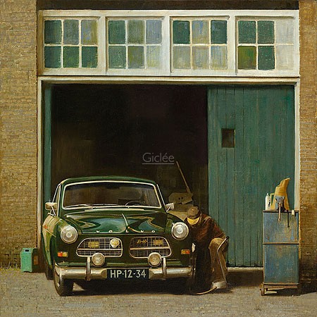 Martin Sijbesma, Volvo Amazon at the garage (Malerei, Landschaft, Garage, Schuppen, Auto, Volvo, Mechaniker, Reparatur, Oldtimer, Nostalgie, Fotorealismus, Treppenhaus, bunt)