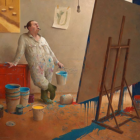 Marius van Dokkum, The Experiment (Malerei, Karikatur, Menschen, Künstler,  Atelier, Farbeimer, action painting, moderne Malerei, Kunst, komisch, lustig, Treppenhaus, Wohnzimmer, bunt)