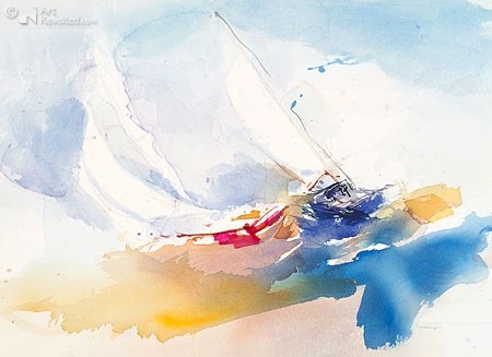 Ingrid Dingjan, Sailing IV (Malerei, Meeresbrise, modern, Schifffahrt, maritim, Segelboote, Reagatta, Wind, Abstraktion, Farbverläufe, Wohnzimmer, Arztpraxis, bunt)