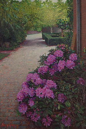 Eric De Vree, Garden path (Malerei,  Garten, Terrasse, Gartenweg, Blüten, Strauch, Rhododendron, Wohnzimmer, Treppenhaus, bunt)