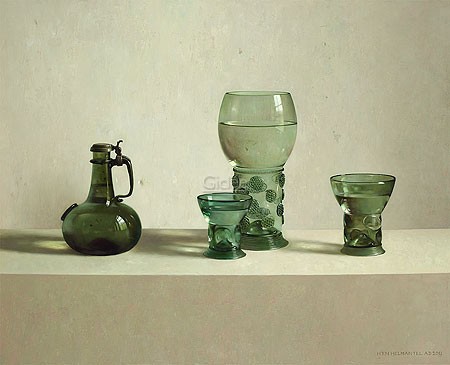 Henk Helmantel, Glass still life (Malerei, Stillleben, Tisch, römisches Glas, Gläser, Karaffen, Flaschen,   Esszimmer, Küche, Wohnzimmer, bunt)