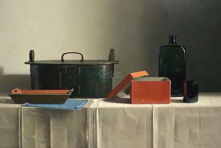 Henk Helmantel, Still life composition (Malerei, Stillleben, Tisch, rote Schachtel, Topf, Kasserole, Flasche, Esszimmer, Küche, Wohnzimmer, bunt)