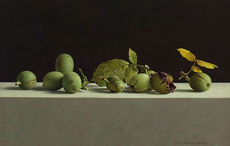 Henk Helmantel, Walnuts in shells (Malerei, Stillleben, Tisch, Nüsse, Früchte, Walnüsse, Nussschalen, Esszimmer, Küche, Wohnzimmer, bunt)